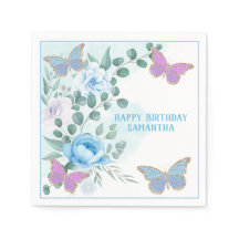 Butterflies Blommigt Blue Lila Guld Birthday