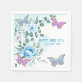 Butterflies Blommigt Blue Lila Guld Birthday Pappersservett