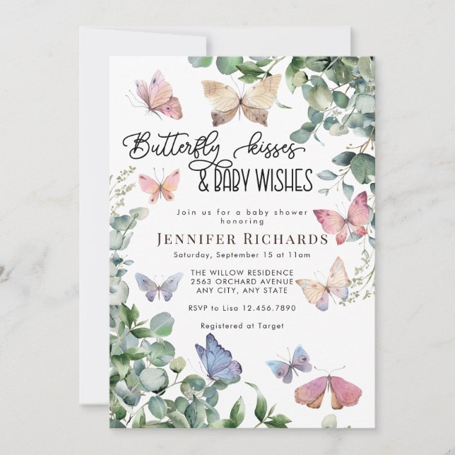 Butterflies-Blommigt | Eucalyptus Baby Shower Inbjudningar (Framsida)