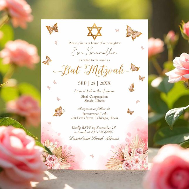 Butterflies Blommigt Gold Foil Bat mitzvah Inbjudningar (Skapare uppladdad)