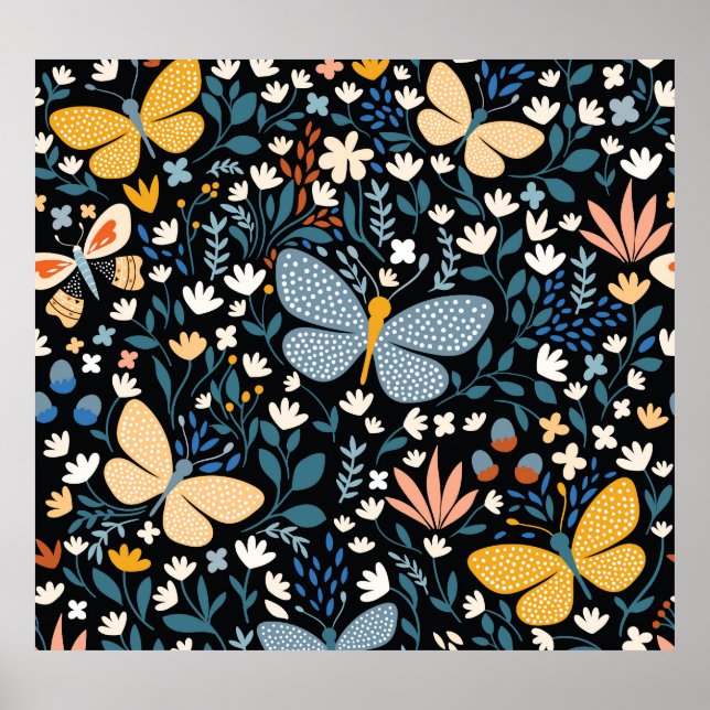 Butterflies Blommigt: Hand plockade Sömlös. Poster (Framsidan)