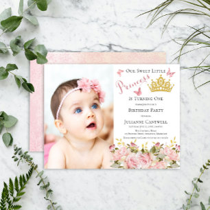Butterflies Blommigt Princess Photo 1st Birthday Inbjudningar