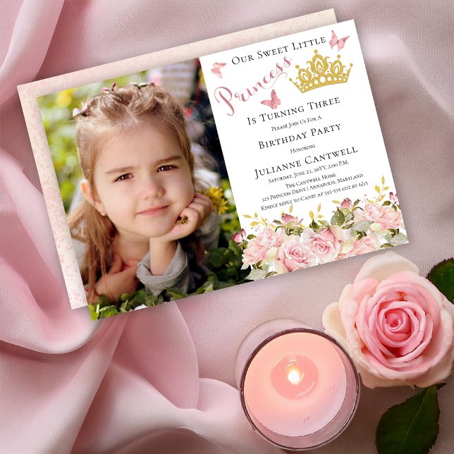 Butterflies Blommigt Princess Photo 3rd Birthday Inbjudningar (Butterflies Floral "Our Sweet Little  Princess Is Turning Three" Photo 3rd Birthday Party Invitation)