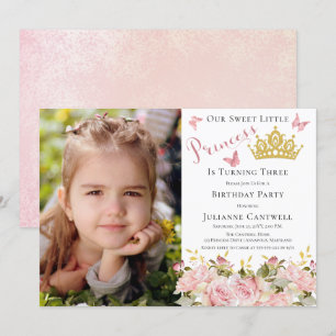Butterflies Blommigt Princess Photo 3rd Birthday Inbjudningar