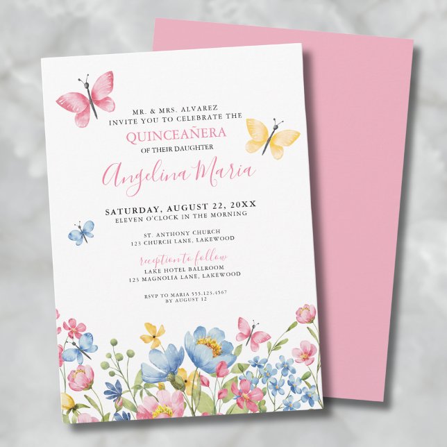Butterflies Blommigt Quinceanera Inbjudningar (Butterfly Floral Quinceanera Invitation)