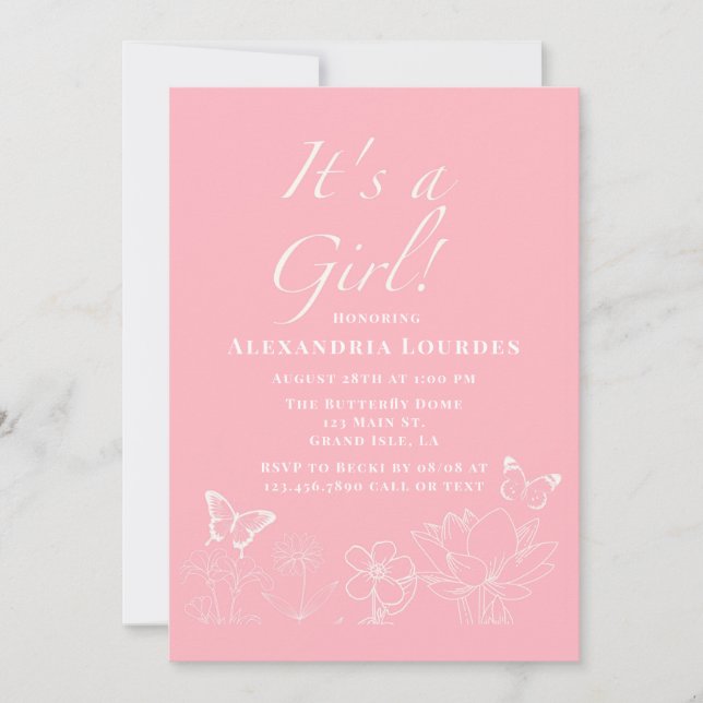 Butterflies & Blommigt Rosa White Girl Baby Shower Inbjudningar (Framsida)