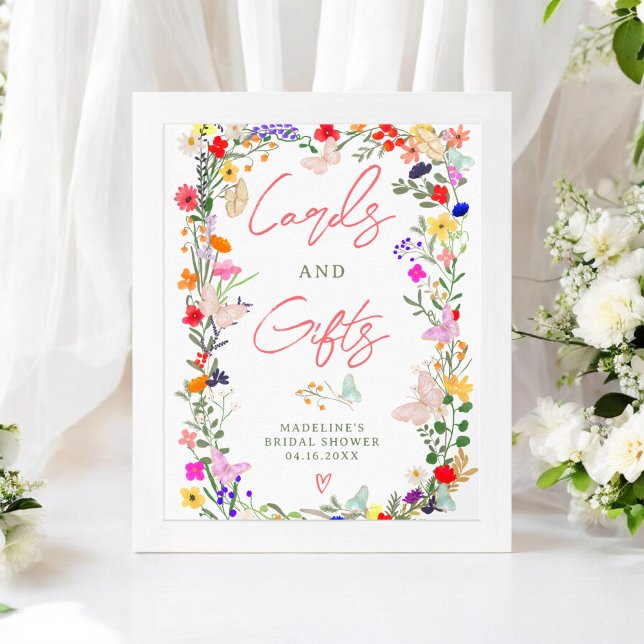 Butterflies boho bright vild sänker möhippan tecke poster (Butterflies boho bright wild lowers bridal sign)