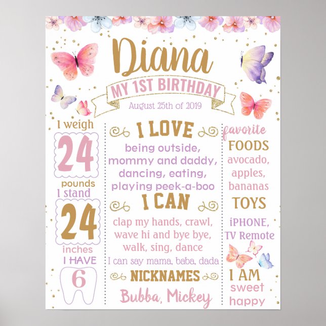 Butterflies Butterfly First Birthday-skylt Poster (Framsidan)