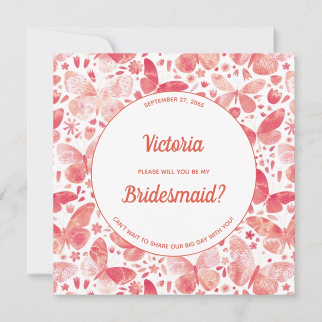 Butterflies Coral Rosa be min Bridesmaid Inbjudningar (Framsida)