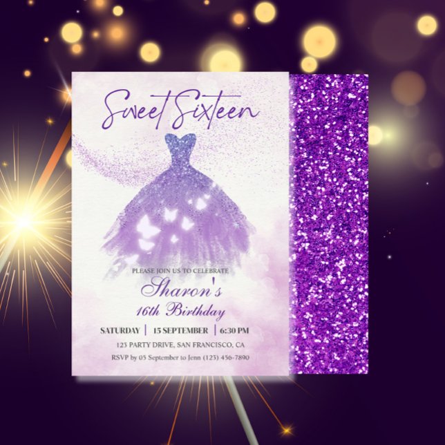 Butterflies Dance Glitter Lila Dress Sweet 16 Inbjudningar (Sweet Sixteen Butterflies Dress Party Invitation)
