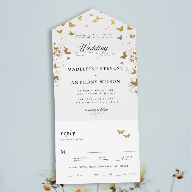 Butterflies Elegant Calligraphy Romantic Bröllop (butterflies garden theme modern romantic elegant calligraphy minimalist all in one trifold wedding)
