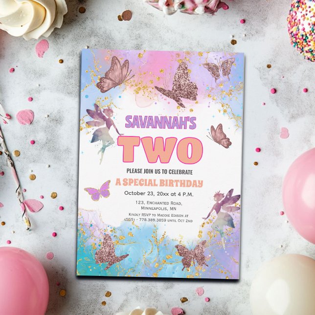 Butterflies Fairy Gold Glitter 2nd Birthday Party Inbjudningar (Skapare uppladdad)