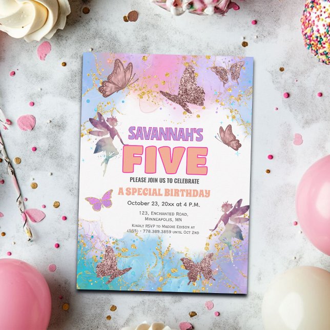 Butterflies Fairy Gold Glitter 5th Birthday Party Inbjudningar (Skapare uppladdad)