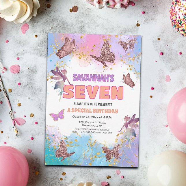 Butterflies Fairy Gold Glitter 7th Birthday Party Inbjudningar (Skapare uppladdad)