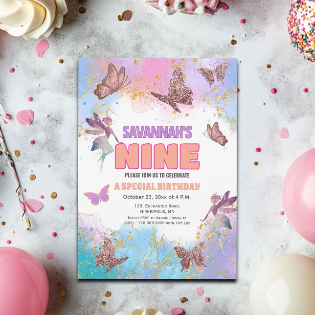 Butterflies Fairy Gold Glitter 9th Birthday Party Inbjudningar (Skapare uppladdad)