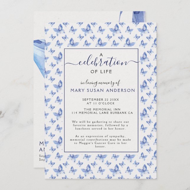 Butterflies Firande i Life Memorial Inbjudningar (Fram/baksida)