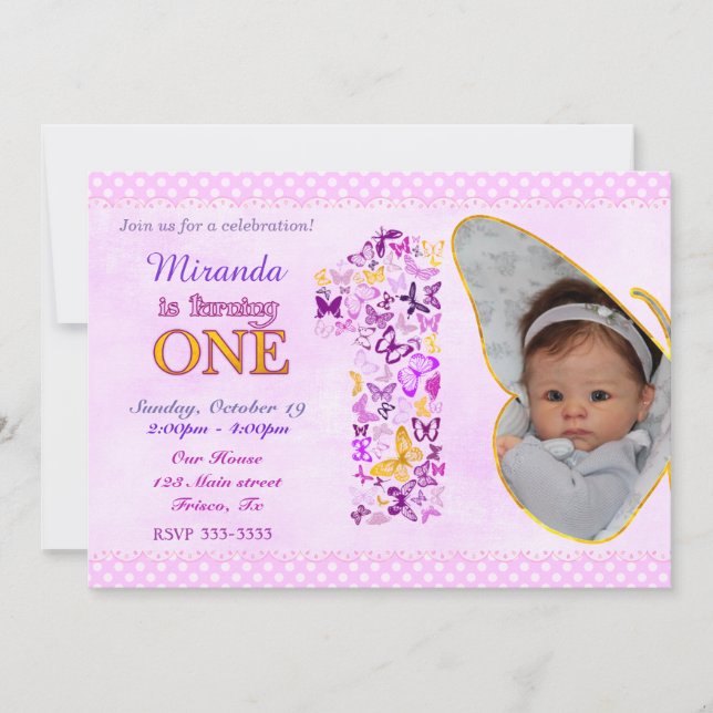 Butterflies First Födelsedagsfest inbjudan (Framsida)