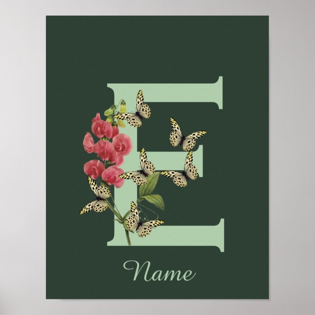 Butterflies Flower Monogram Initial E Personalized Poster (Framsidan)