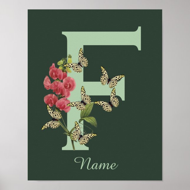 Butterflies Flower Monogram Initial F Personalized Poster (Framsidan)