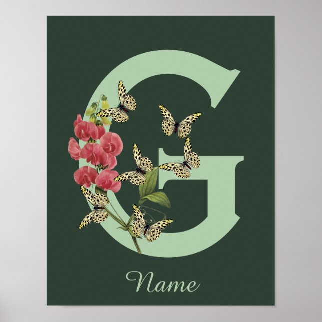 Butterflies Flower Monogram Initial G Personalized Poster (Framsidan)