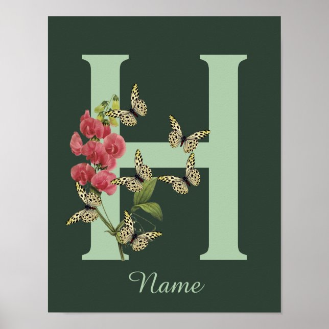 Butterflies Flower Monogram Initial H Personalized Poster (Framsidan)