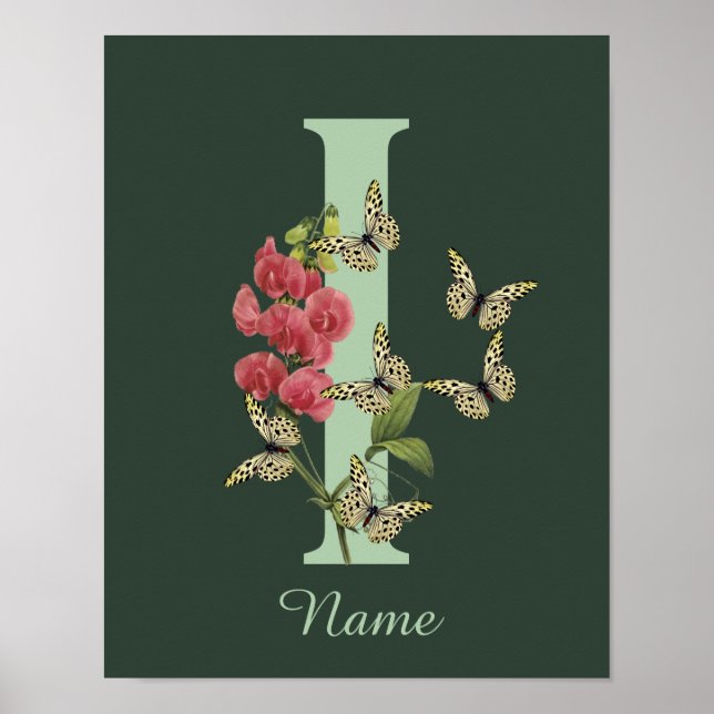 Butterflies Flower Monogram Initial I Personalized Poster (Framsidan)