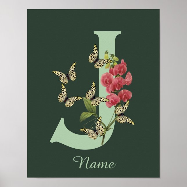 Butterflies Flower Monogram Initial J Personalized Poster (Framsidan)