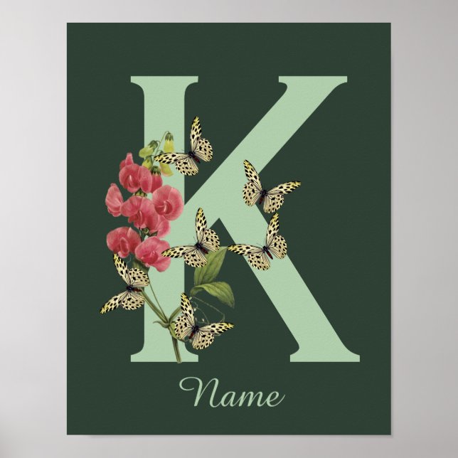 Butterflies Flower Monogram Initial K Personalized Poster (Framsidan)