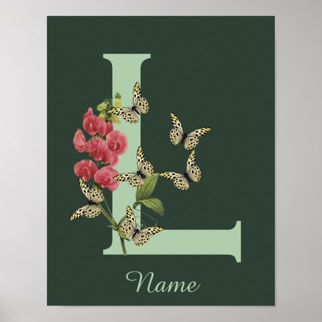 Butterflies Flower Monogram Initial L Personalized Poster (Framsidan)