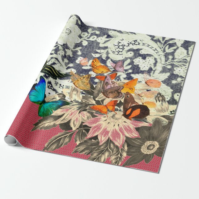 BUTTERFLIES FLOWERS AND SNÖRE ROSA Wrapping Papper Presentpapper (Utrullad)