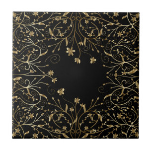 Butterflies Flowers Guld Black Ceramic Tile Kakelplatta