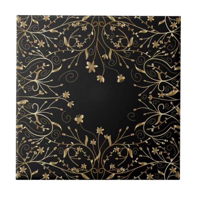 Butterflies Flowers Guld Black Ceramic Tile Kakelplatta (Framsidan)