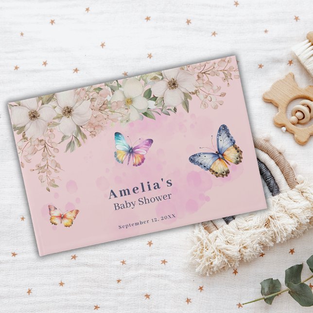 Butterflies Flowers Pink Baby Shower Guest Book Gästböcker (Skapare uppladdad)