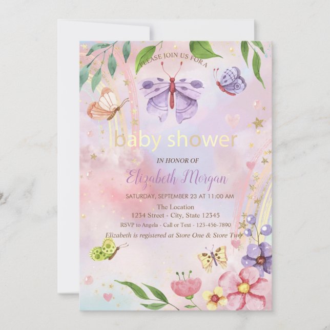 Butterflies Flowers Rainbow Baby Shower Inbjudningar (Framsida)