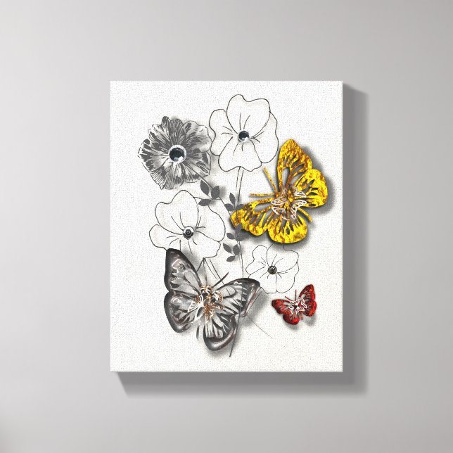 Butterflies Flowers Red Guld Grått Minimalist Stil Canvastryck (Framsida)