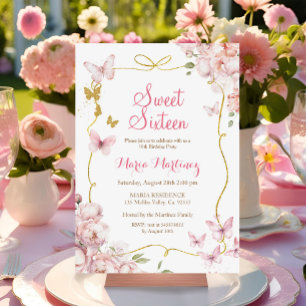 Butterflies Flowers with Guld Glitter Sweet 16 Inbjudningar