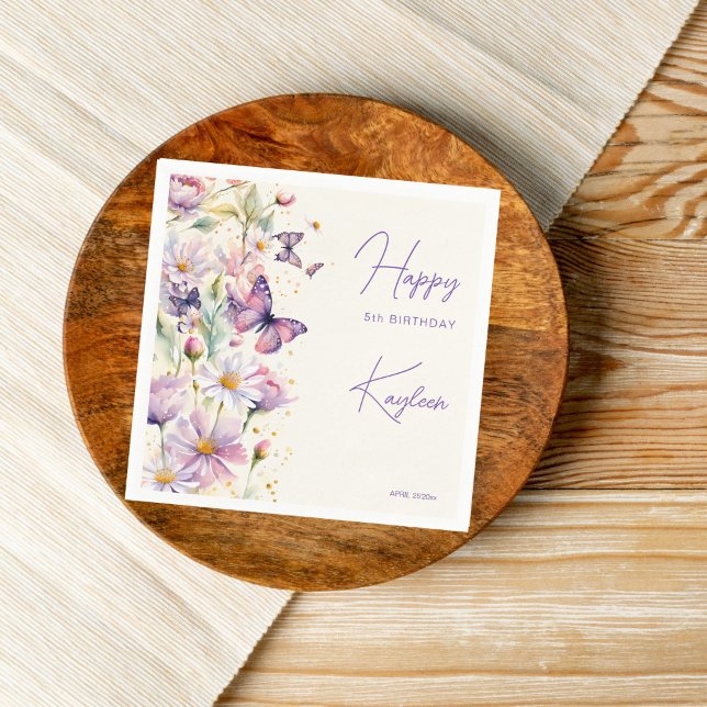 Butterflies födelsedagskalender Lavender lila tryc Pappersservett (Butterflies birthday party  lavender purple flowers enchanted garden personalized printed napkins )