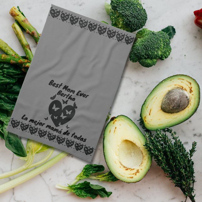 Butterflies & Heart Custom Name, Bilingual Grått Kökshandduk (Bilingual mother's day best mom ever la mejor mamá de todas custom name towel multilingual project)