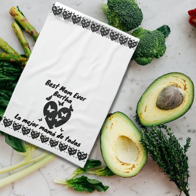 Butterflies & Heart Custom Name, Bilingual White Kökshandduk (Bilingual mother's day best mom ever la mejor mamá de todas custom name towel multilingual project)