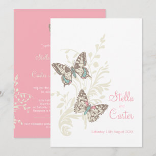 Butterflies inveckad rosa kräm vit bröllop inbjudningar
