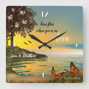 Butterflies Kärlek Sunset Sjö Wall Clock Fyrkantig Klocka