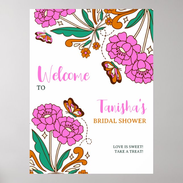 Butterflies Lovers Rosa Blommig Skrift Bröllop  Po Poster (Framsidan)