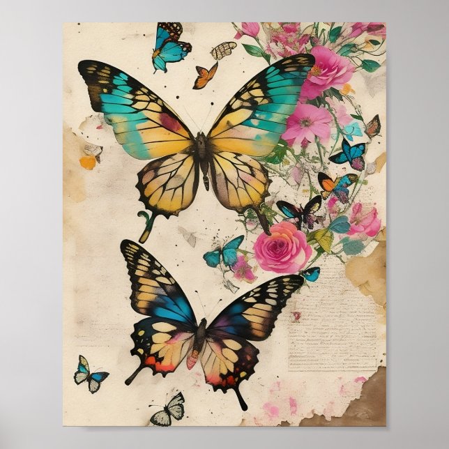Butterflies Mixed Media Collage Ephemera Decoupage Poster (Framsidan)