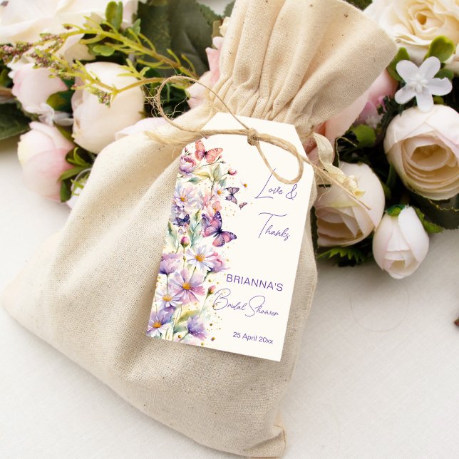 Butterflies möhippa lavender-tack presentetikett (Butterflies bridal shower lavender pastel purple thank you favor gift tags)