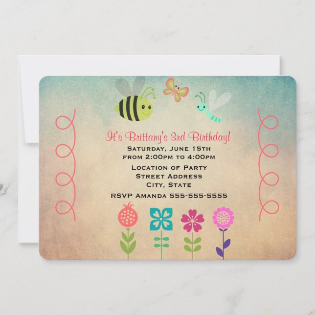 Butterflies och Bees Childs Birthday Party Inbjudningar (Framsida)