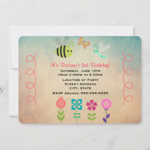 Butterflies och Bees Childs Birthday Party Inbjudningar