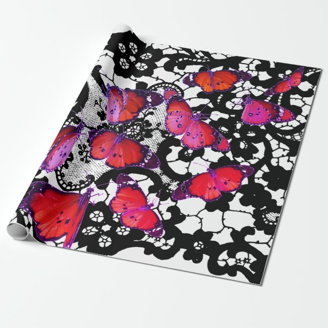BUTTERFLIES OCH BLACK SNÖRE Wrapping Papper Presentpapper (Utrullad)