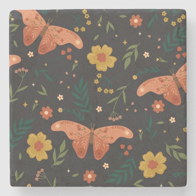 Butterflies och Flowers Hand plockade Sketch Stenunderlägg (Framsidan)
