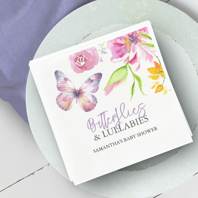 Butterflies och Lullabies Baby Shower Watercolor Pappersservett (Purple butterfly baby shower decorations watercolor flowers by Victoria Grigaliunas Do Tell A Belle)