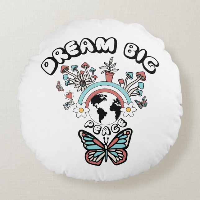 Butterflies och Mushroom Dream Big Positive Inspo Rund Kudde (Framsidan)